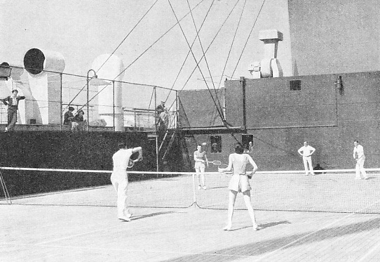 TENNIS ENTHUSIASTS travelling in the Empress of Britain have a full-sized tennis court