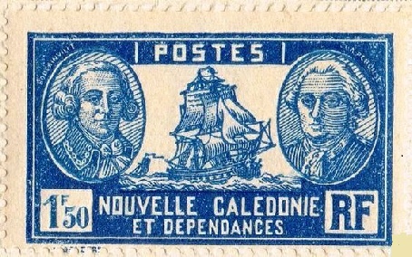 This stamp of New Caledonia shows the portraits of Bougainville and La Perouse two famous French navigators