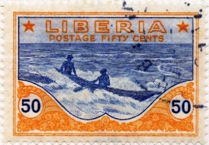 Native canoe shown in the 50-cents stamp of Liberia