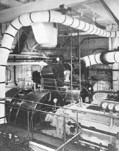 TWO OF THE TURBINE CASINGS in the Queen Mary's after engine-room