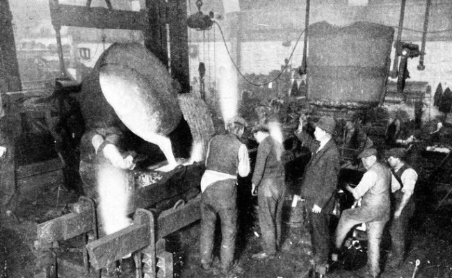 Molten iron is shown being poured into a mould for a marine engine cylinder