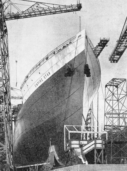 A bow view of the motor ship Empire Star, built at Belfast for the Blue Star Line in 1935