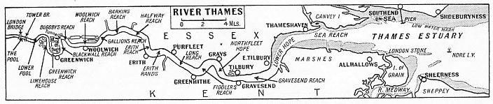 THE COURSE OF THE THAMES from the sea to London Bridge is indicated on this map