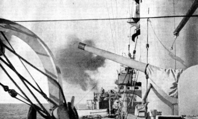 H.M.S. Diomede firing one of her six 6-in. guns