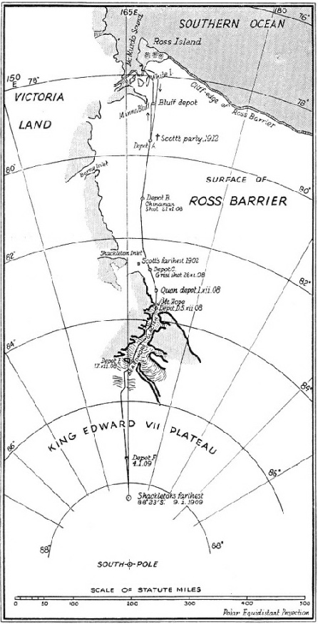 SHACKLETON’S ROUTE to the South Pole is shown on this map