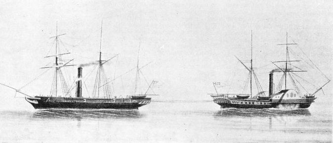 TUG-OF-WAR between a paddle steamer and a screw-propelled steamer to decide the more effective method of propulsion