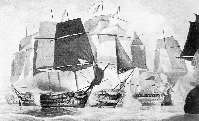 This vivid illustration shows Nelson’s flagship, H.M.S. Victory, as she came up between the Bucentaure and the Redoutable