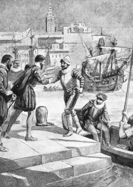 This illustration shows the survivors of Magellan's expedition being officially welcomed at Seville