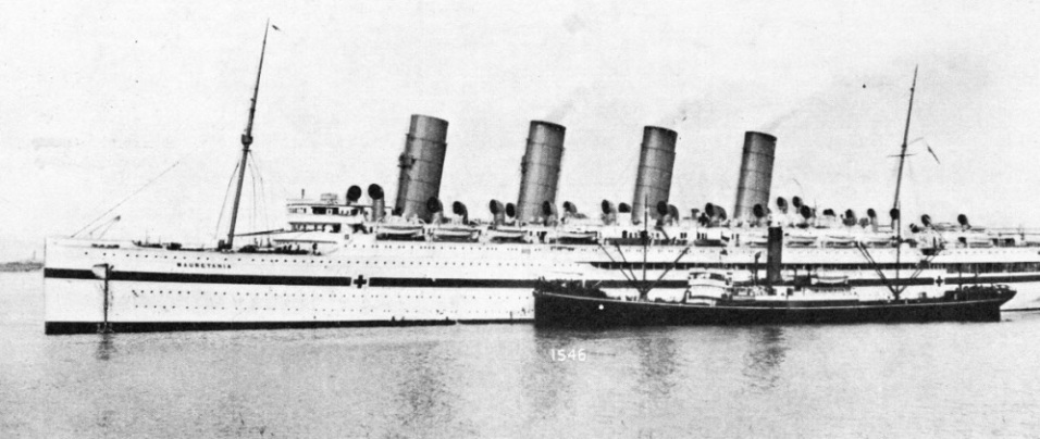 CONVERTED INTO A HOSPITAL SHIP during the war of 1914-18, the Mauretania made three voyages between Southampton and the island of Lemnos