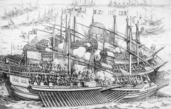 GALLEYS OF SPAIN, VENICE AND THE PAPAL STATES in action against the Turkish fleet
