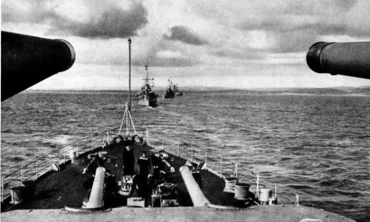 A photograph taken from HMS Neptune a cruiser of the Leander class