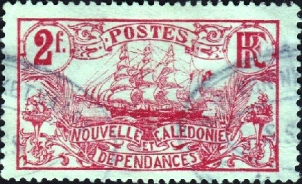 THE REDUCED SAIL PLAN of later sailing vessels is shown in this stamp of New Caledonia