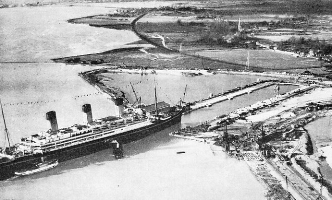 The Cunard White Star liner Majestic entering the King George V Graving Dock at Southampton